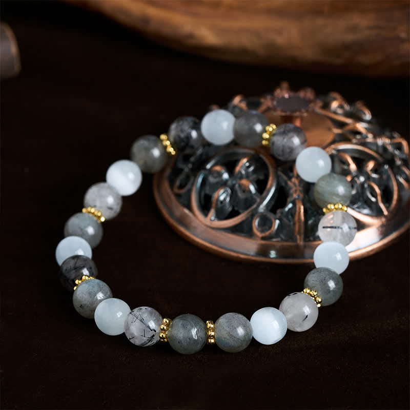 Buddha Stones ホワイトキャッツアイムーンストーンとブラックルチルクォーツビーズの豊穣ブレスレット - image 1