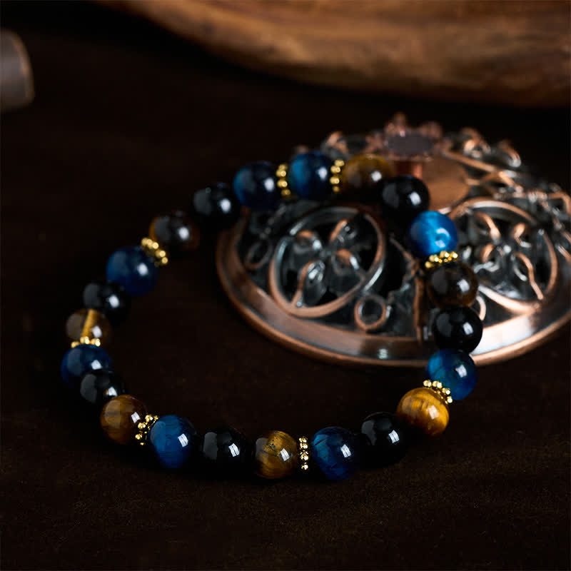 Buddha Stones タイガーアイブルー、タイガーアイブラックオブシディアンビーズの勇気ブレスレット - image 1