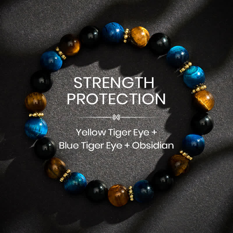 Buddha Stones タイガーアイブルー、タイガーアイブラックオブシディアンビーズの勇気ブレスレット - 8mm - image 0