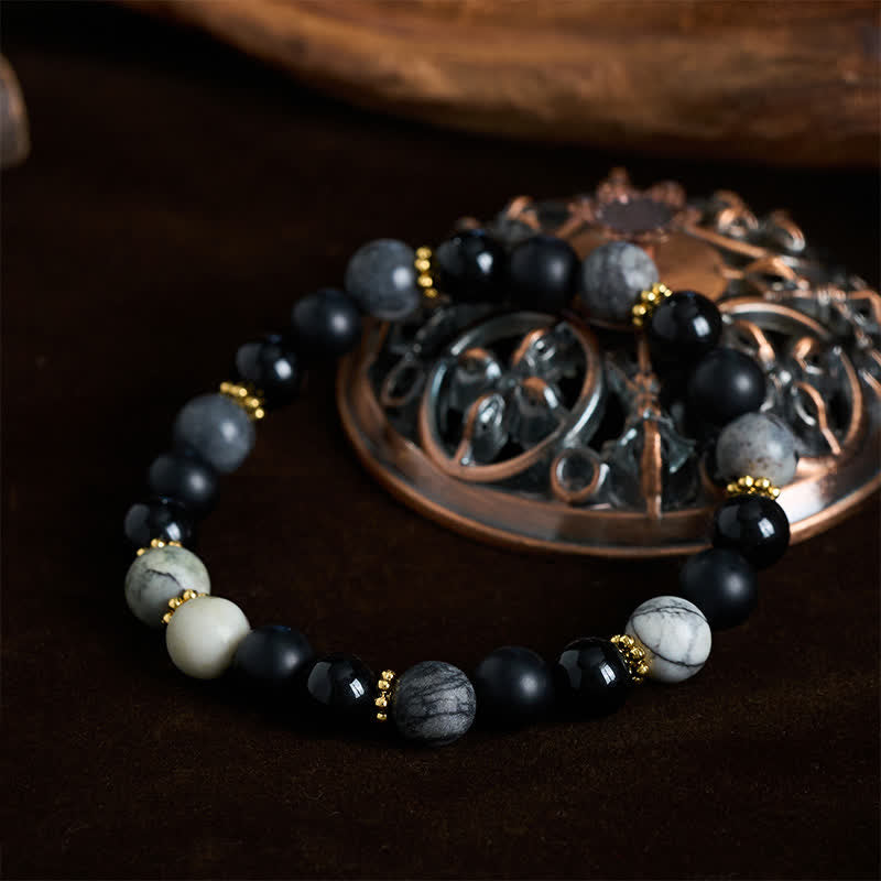 Buddha Stones フロストストーン、ブラックオブシディアン、グレージャスパービーズを使用したアクティベートブレスレット - image 1