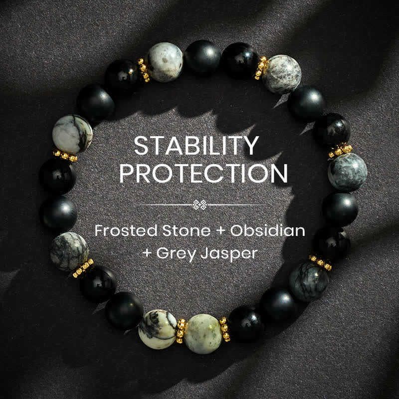 Buddha Stones フロストストーン、ブラックオブシディアン、グレージャスパービーズを使用したアクティベートブレスレット - 8mm - image 0