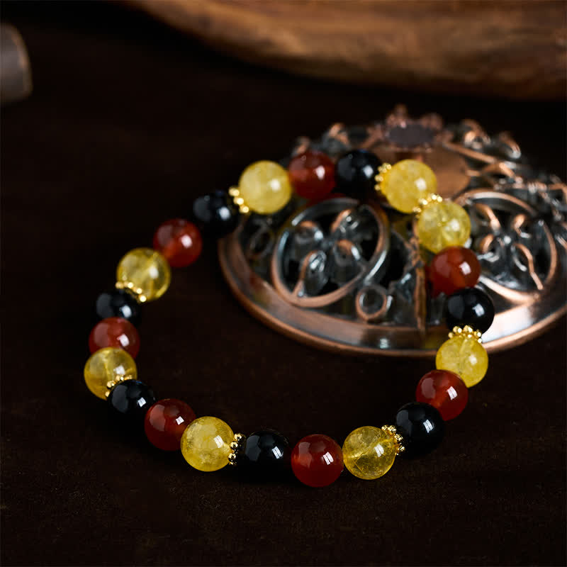 Buddha Stones シトリンレッドアゲートとブラックオブシディアンビーズを使用した寛大さのブレスレット - image 1
