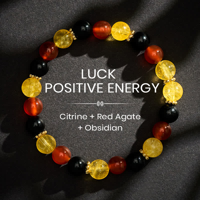 Buddha Stones シトリンレッドアゲートとブラックオブシディアンビーズを使用した寛大さのブレスレット - 8mm - image 0