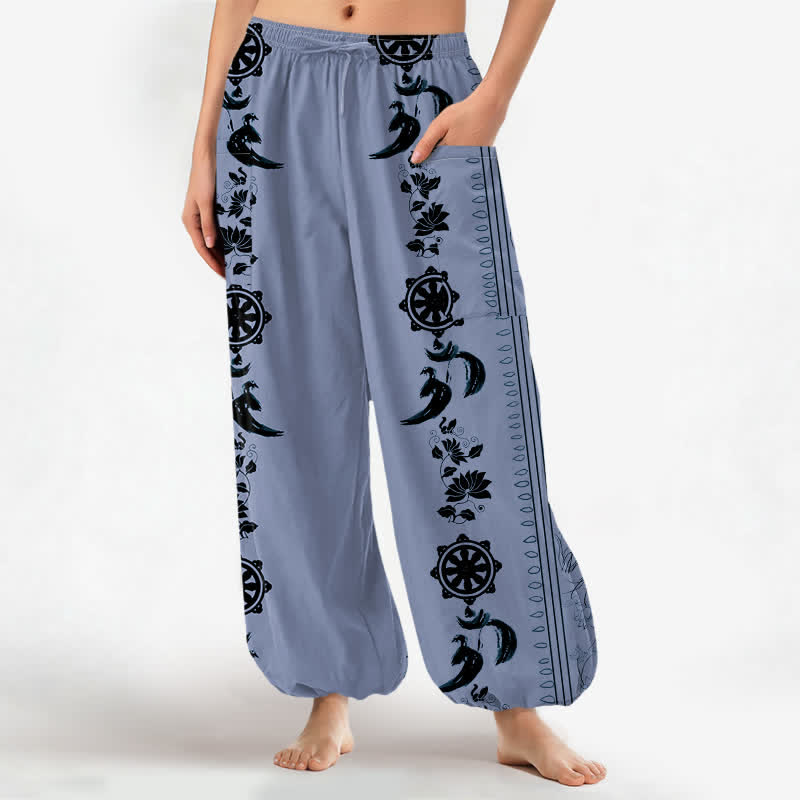 Buddha Stones コットン素材、ボヘミアン風、ダルマホイール、ロータス、OMストライプ柄、レディース、ウエストゴム、サイドポケット付きハーレムパンツ - ライトスチールブルー - US16、 UK/AU20、 EU48 (3XL) - image 0