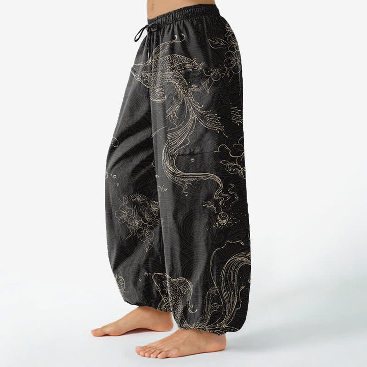 Buddha Stones 綿素材、鯉、ウエストゴム、サイドポケット付きレディースハーレムパンツ - image 1