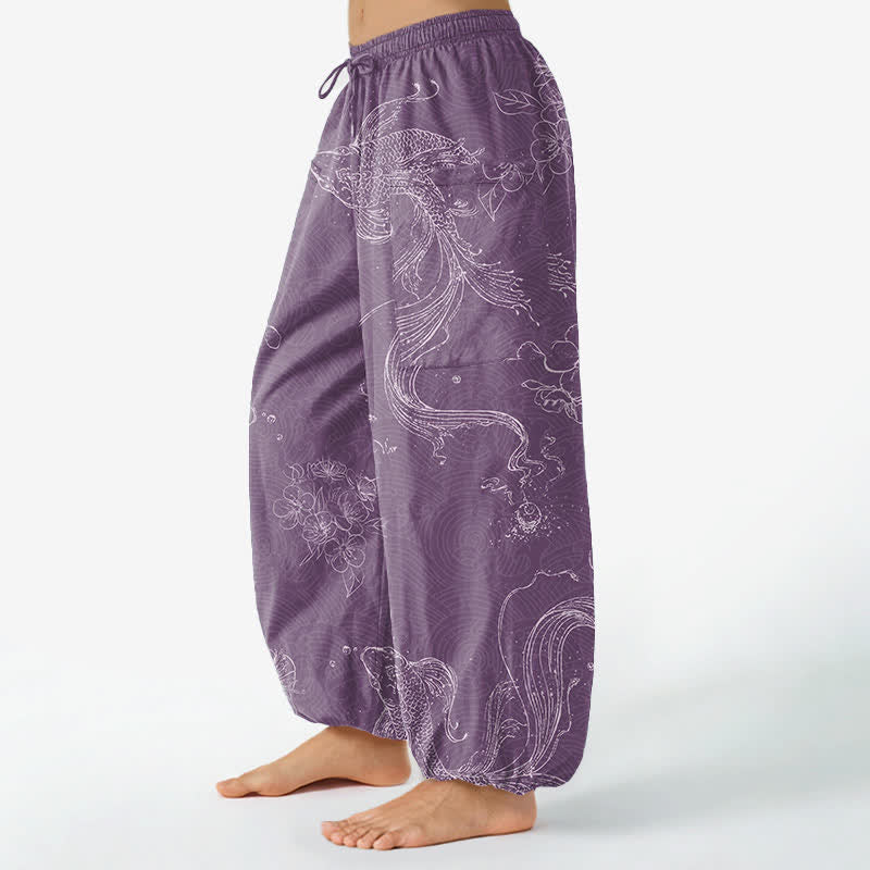 Buddha Stones 綿素材、鯉、ウエストゴム、サイドポケット付きレディースハーレムパンツ - image 8