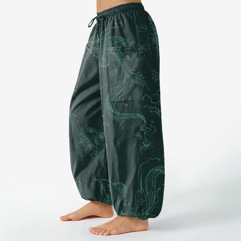 Buddha Stones 綿素材、鯉、ウエストゴム、サイドポケット付きレディースハーレムパンツ - image 11