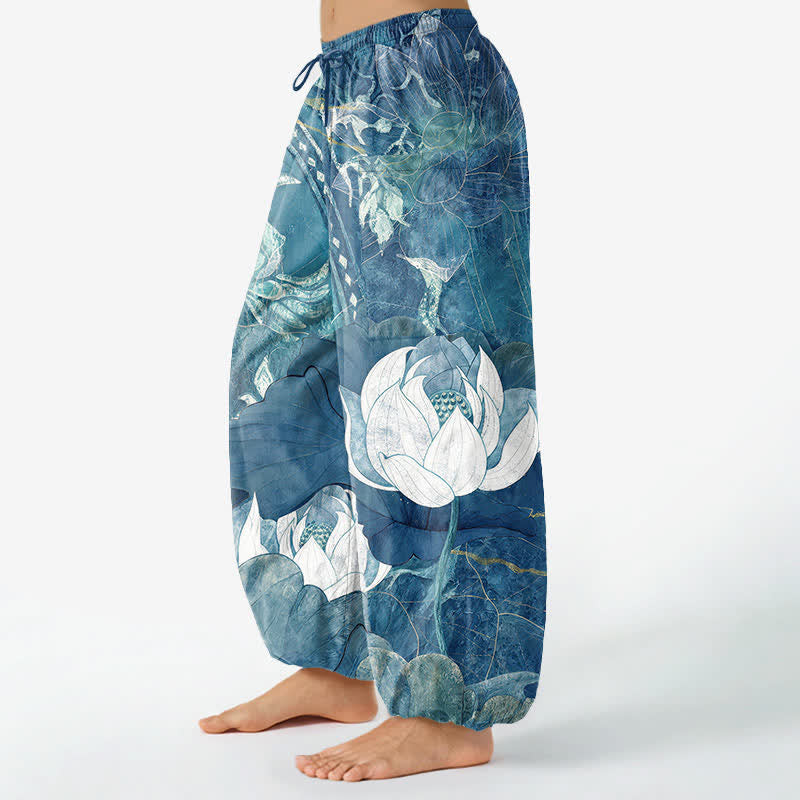 Buddha Stones 綿素材、白の蓮の葉柄、レディース用ゴムウエストハーレムパンツ（サイドポケット付き） - image 8