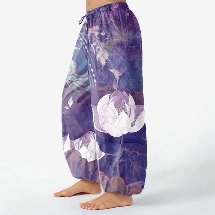 Buddha Stones 綿素材、白の蓮の葉柄、レディース用ゴムウエストハーレムパンツ（サイドポケット付き） - image 11