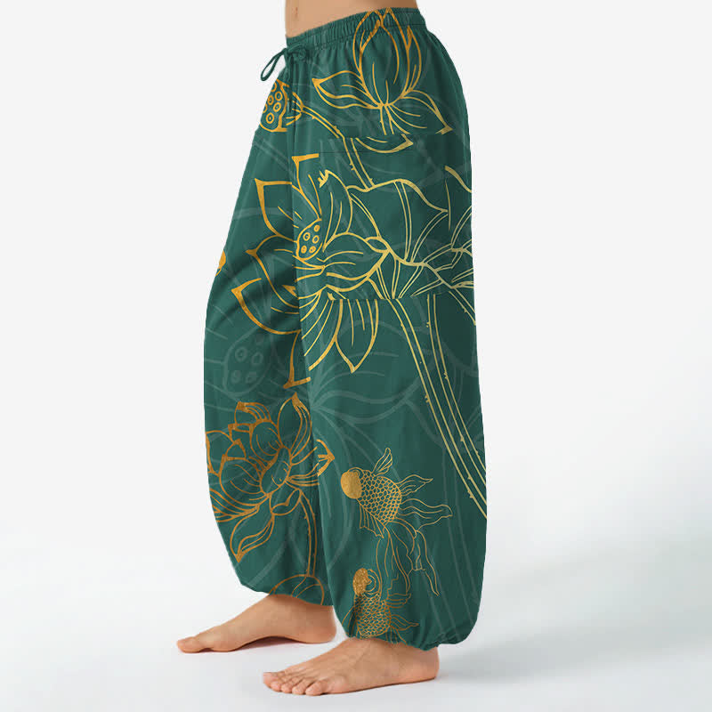 Buddha Stones 綿素材、金蓮と鯉の模様、レディース用ゴムウエストハーレムパンツ（サイドポケット付き） - image 1