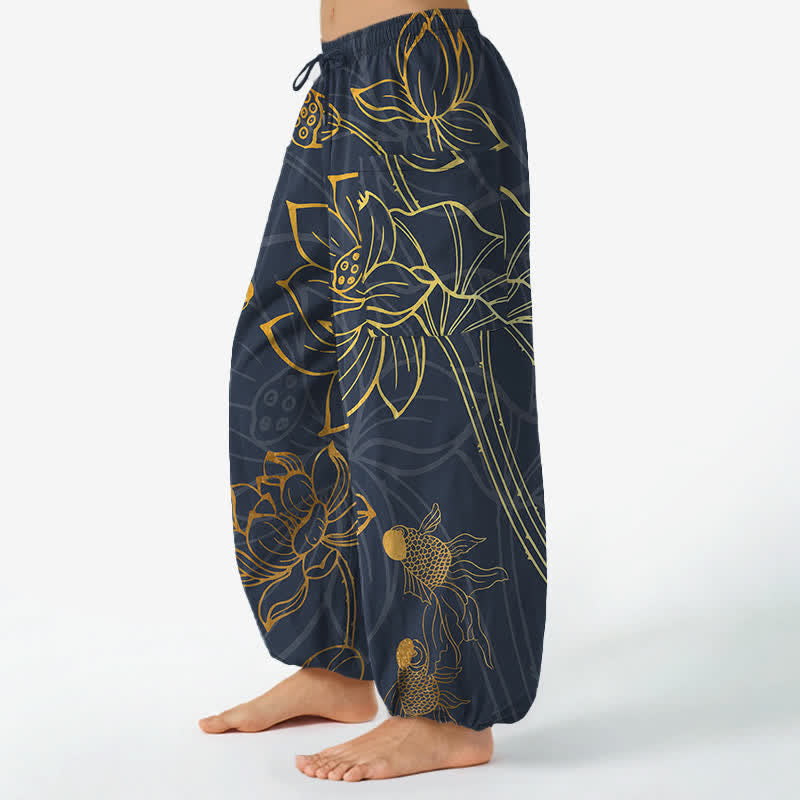 Buddha Stones 綿素材、金蓮と鯉の模様、レディース用ゴムウエストハーレムパンツ（サイドポケット付き） - image 8