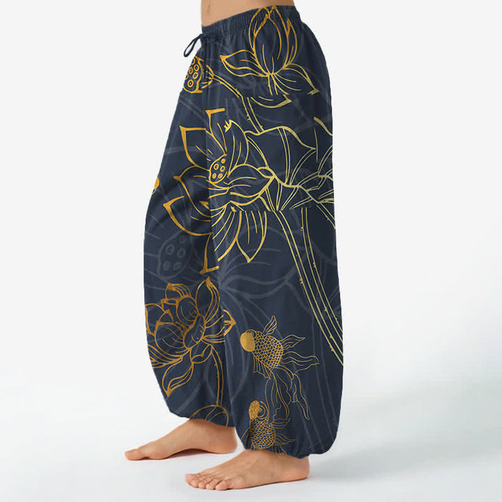 Buddha Stones 綿素材、金蓮と鯉の模様、レディース用ゴムウエストハーレムパンツ（サイドポケット付き） - image 8