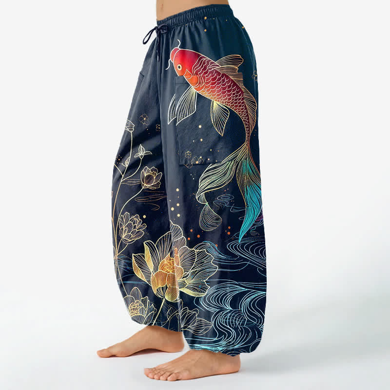 Buddha Stones コットン素材、鯉と蓮の花柄、レディース用ゴムウエストハーレムパンツ（サイドポケット付き） - image 1