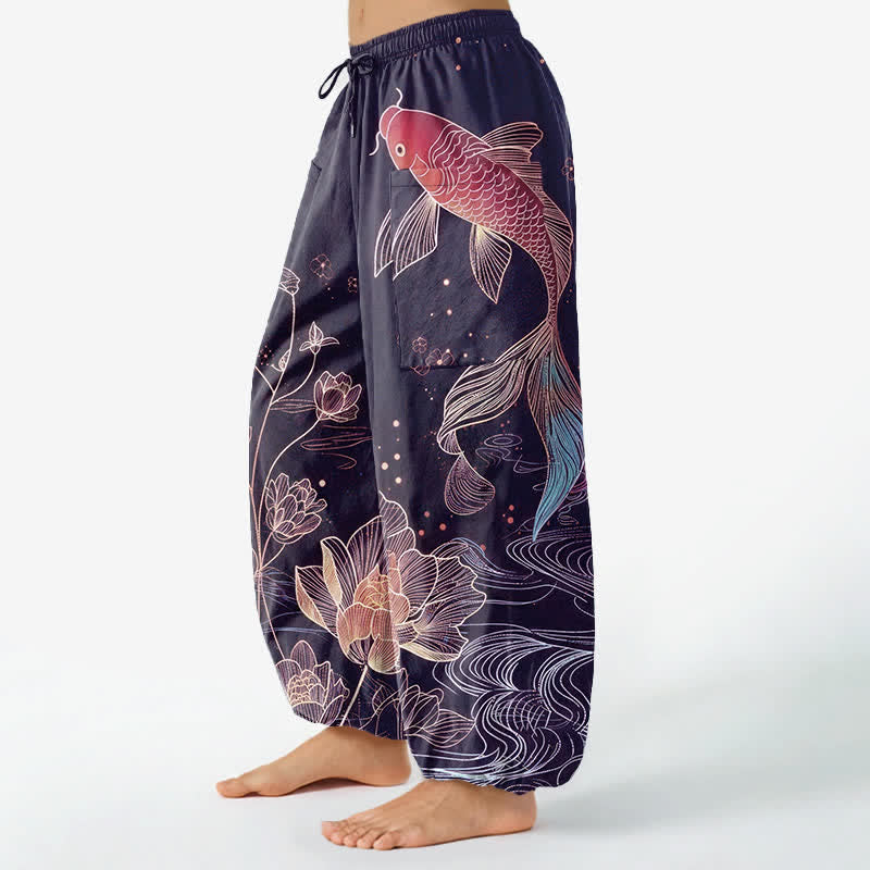 Buddha Stones コットン素材、鯉と蓮の花柄、レディース用ゴムウエストハーレムパンツ（サイドポケット付き） - image 8