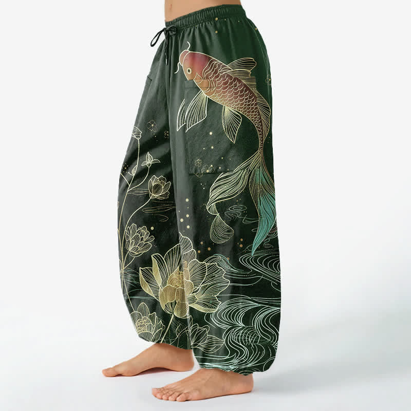 Buddha Stones コットン素材、鯉と蓮の花柄、レディース用ゴムウエストハーレムパンツ（サイドポケット付き） - image 11