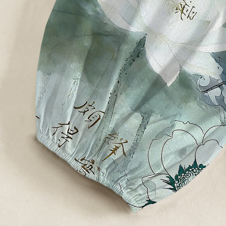 Buddha Stones コットン素材、蓮の花柄、水墨画風プリント、ウエストゴム入り、サイドポケット付きレディースハーレムパンツ - image 6