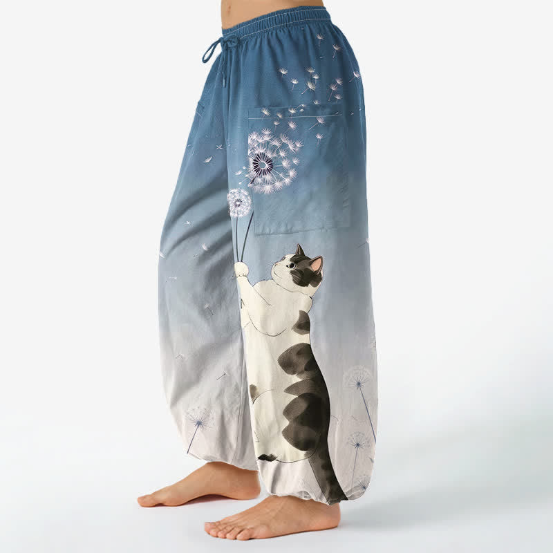 Buddha Stones コットン素材、ドリーミーな牛猫タンポポ柄、レディース用ゴムウエストハーレムパンツ（サイドポケット付き） - image 1
