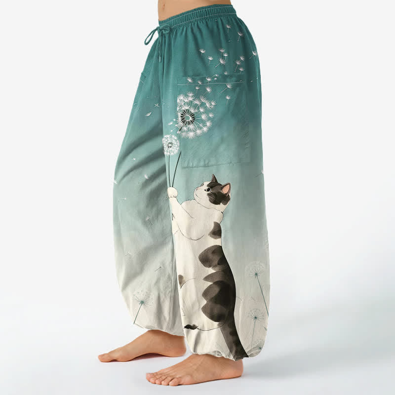 Buddha Stones コットン素材、ドリーミーな牛猫タンポポ柄、レディース用ゴムウエストハーレムパンツ（サイドポケット付き） - image 8