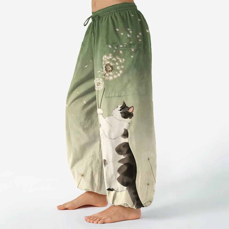Buddha Stones コットン素材、ドリーミーな牛猫タンポポ柄、レディース用ゴムウエストハーレムパンツ（サイドポケット付き） - image 11