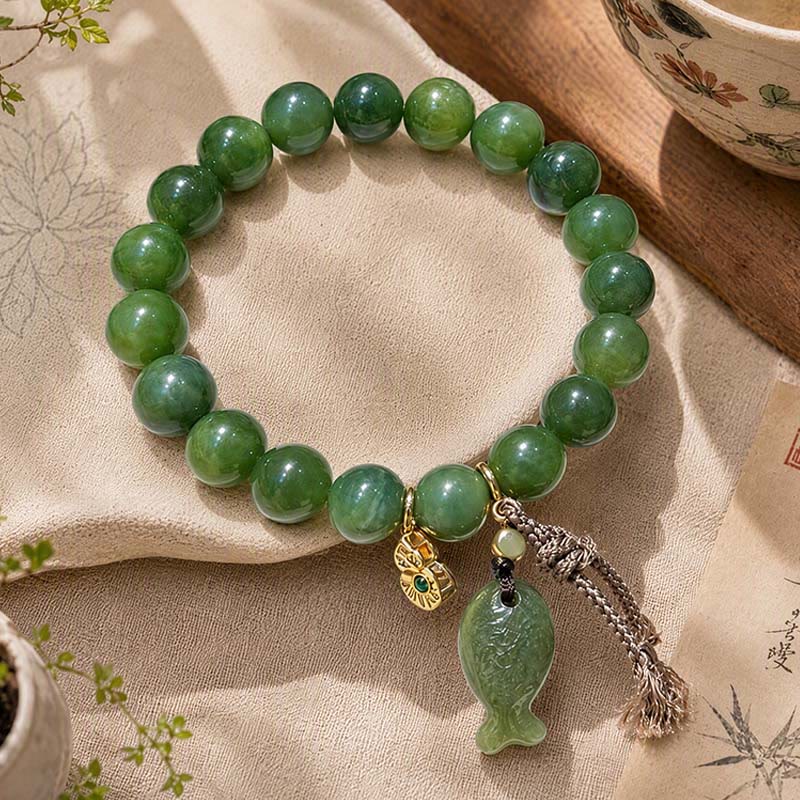 Buddha Stones 天然シアンジェイド鯉豊かさブレスレット - シアンジェイド（手首周り：6.3～6.7インチ／16～17cm） - image 0