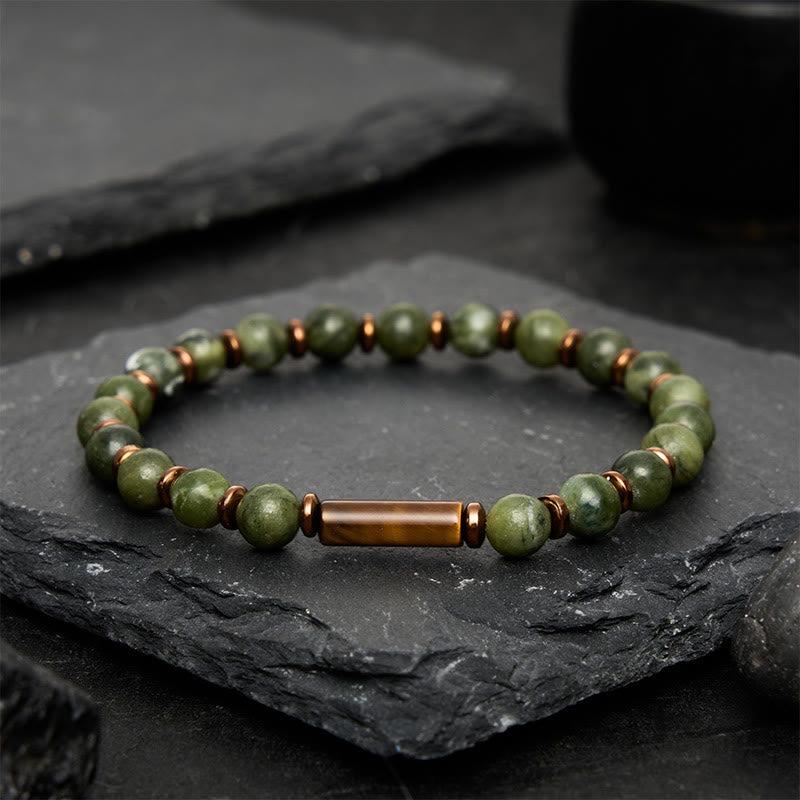 Buddha Stones グリーンモスアゲートのラウンドビーズとタイガーアイのアクセントブレスレット - image 1