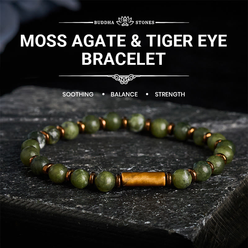 Buddha Stones グリーンモスアゲートのラウンドビーズとタイガーアイのアクセントブレスレット - image 0