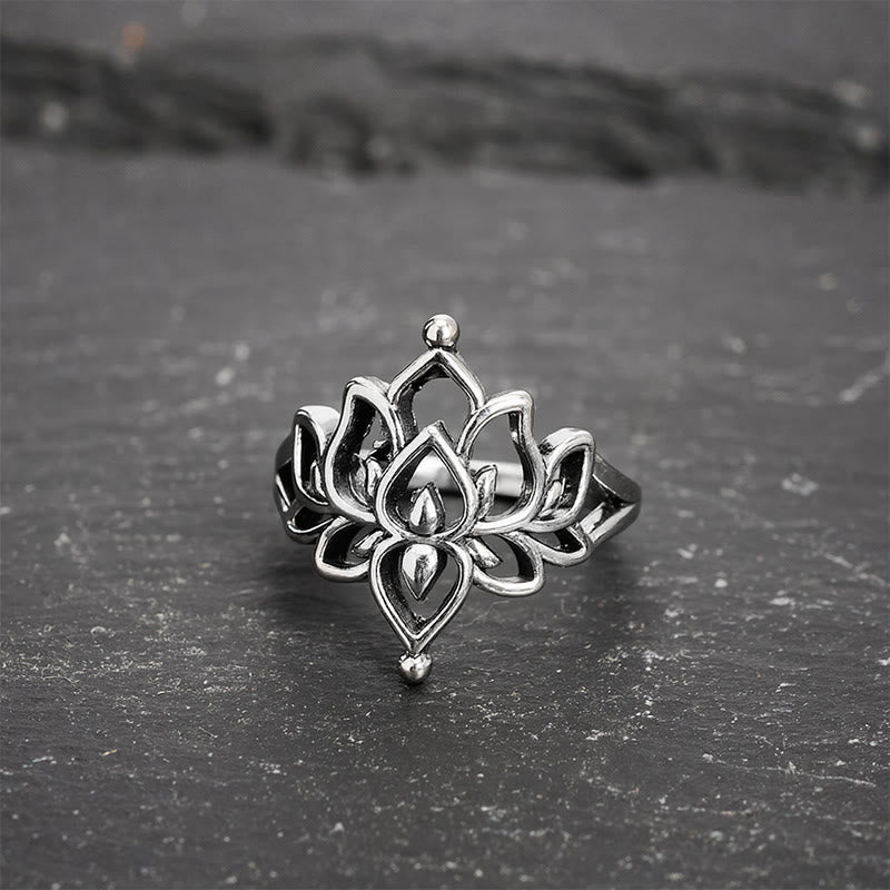 Buddha Stones ヴィンテージシルバートーンロータスピュリティステートメントリング - 20.6mm-US11 - image 0