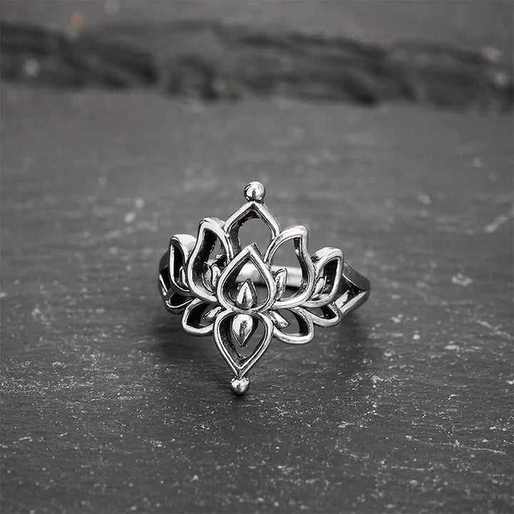 Buddha Stones ヴィンテージシルバートーンロータスピュリティステートメントリング - 20.6mm-US11 - image 0