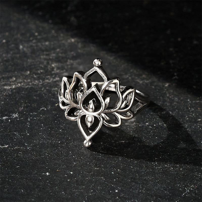Buddha Stones ヴィンテージシルバートーンロータスピュリティステートメントリング - image 3