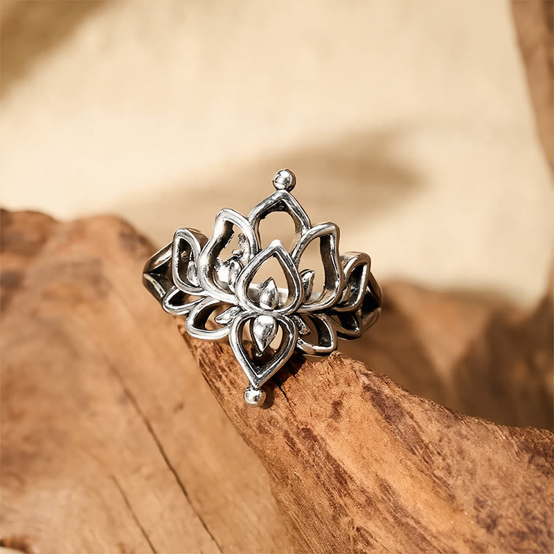 Buddha Stones ヴィンテージシルバートーンロータスピュリティステートメントリング - image 1
