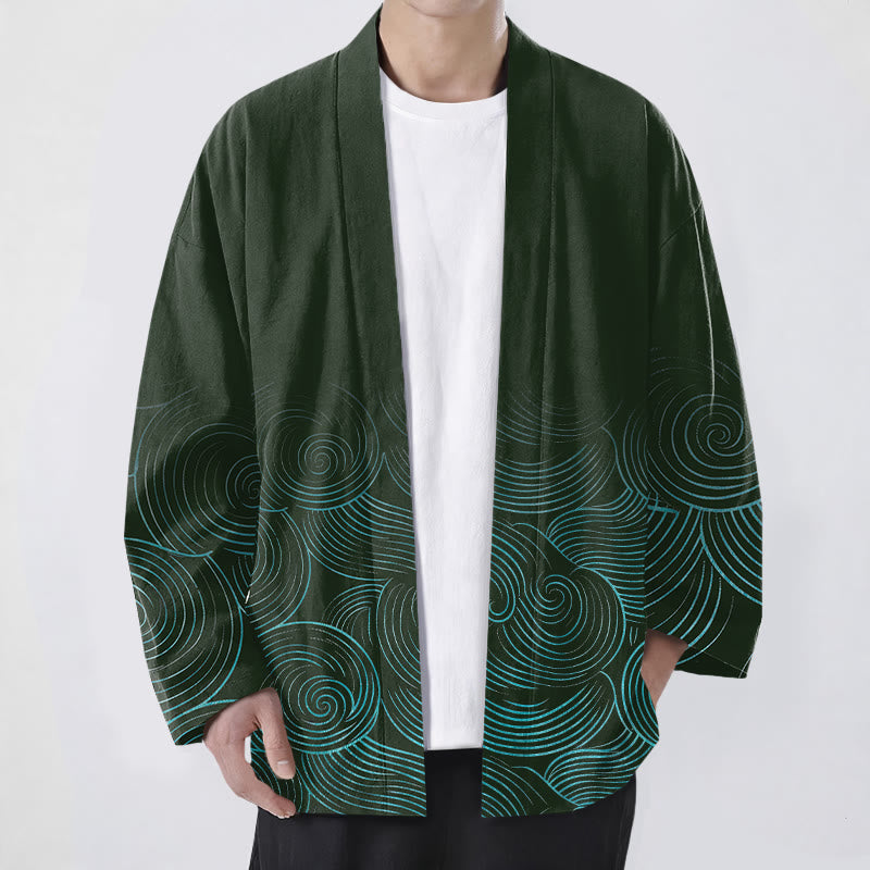 Buddha Stones コットンリップルサークル柄オープンフロントメンズ着物 - ダークグリーン - US/UK/AU48、 EU58 (4XL) - image 0