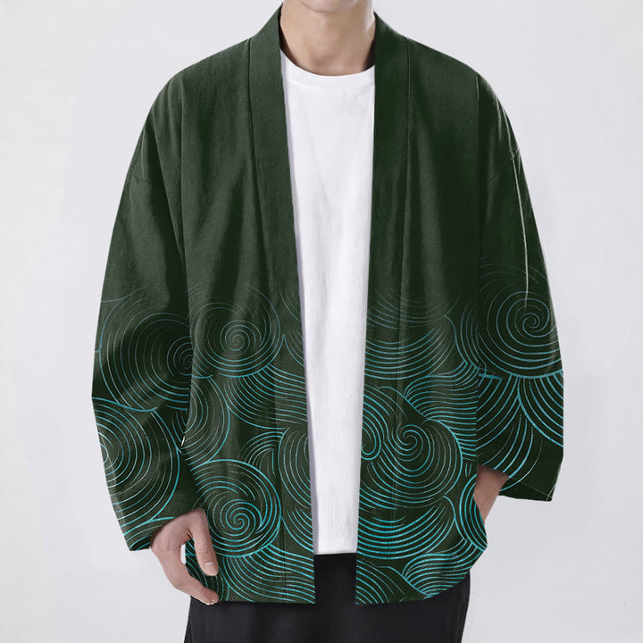 Buddha Stones コットンリップルサークル柄オープンフロントメンズ着物 - ダークグリーン - US/UK/AU48、 EU58 (4XL) - image 0