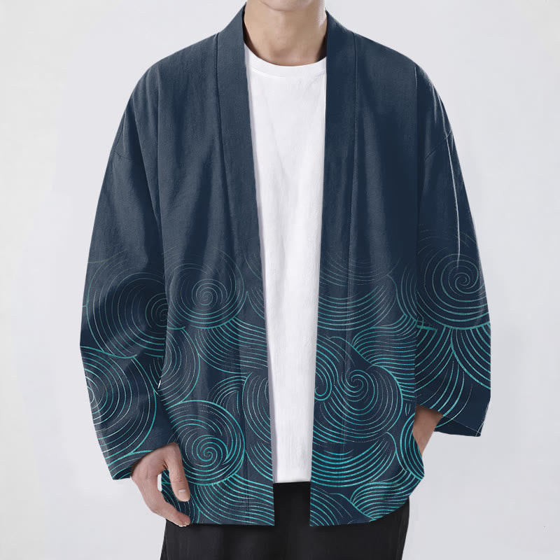 Buddha Stones コットンリップルサークル柄オープンフロントメンズ着物 - 海軍 - US/UK/AU48、 EU58 (4XL) - image 6
