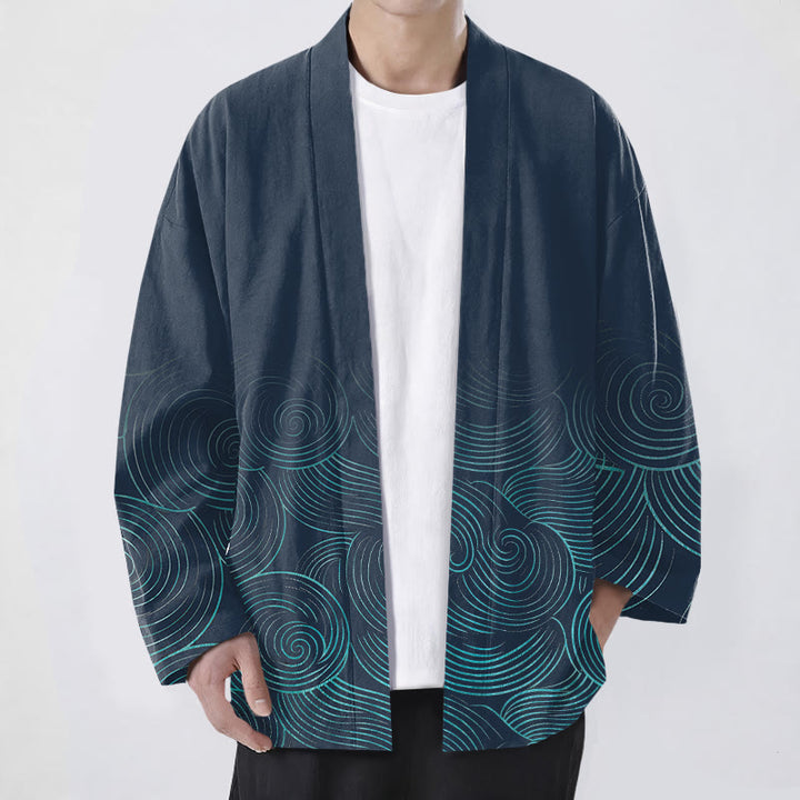 Buddha Stones コットンリップルサークル柄オープンフロントメンズ着物 - 海軍 - US/UK/AU48、 EU58 (4XL) - image 6
