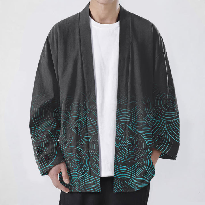 Buddha Stones コットンリップルサークル柄オープンフロントメンズ着物 - 黒 - US/UK/AU48、 EU58 (4XL) - image 9
