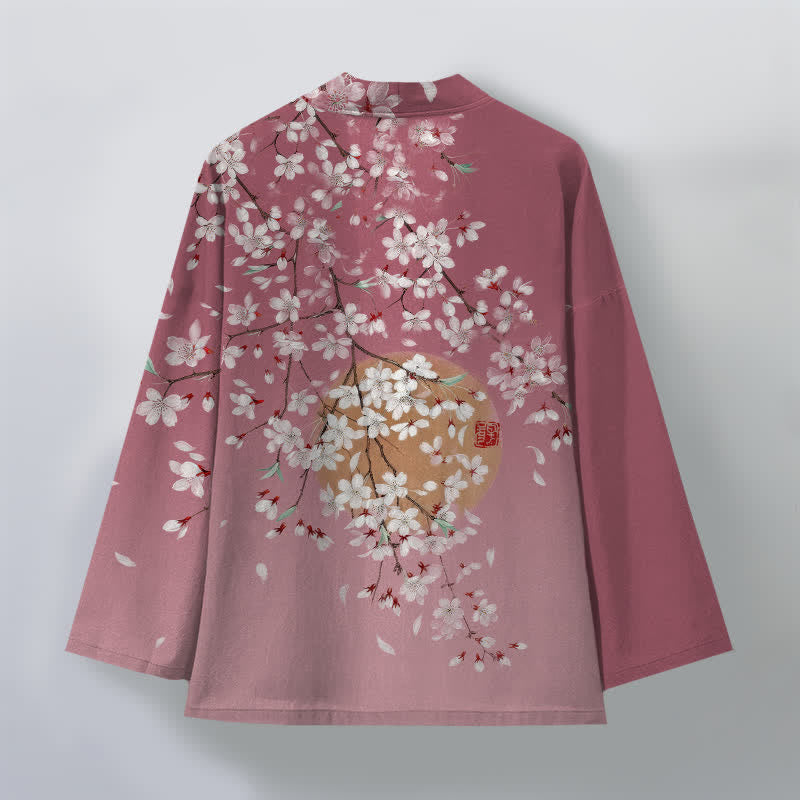 Buddha Stones 綿素材、白桜柄、前開きメンズ着物 - image 2