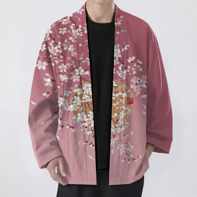 Buddha Stones 綿素材、白桜柄、前開きメンズ着物 - 淡い紫がかった赤 - US/UK/AU48、 EU58 (4XL) - image 0