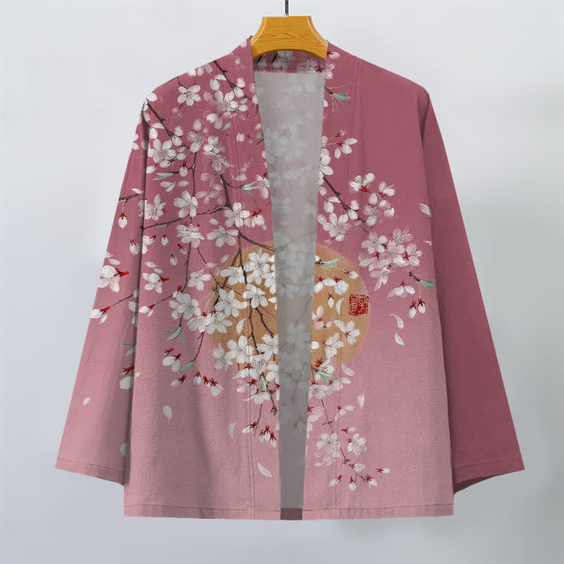 Buddha Stones 綿素材、白桜柄、前開きメンズ着物 - image 1