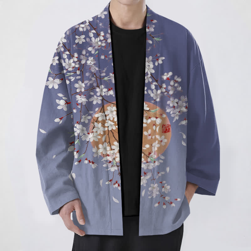 Buddha Stones 綿素材、白桜柄、前開きメンズ着物 - スレートブルー - US/UK/AU48、 EU58 (4XL) - image 6