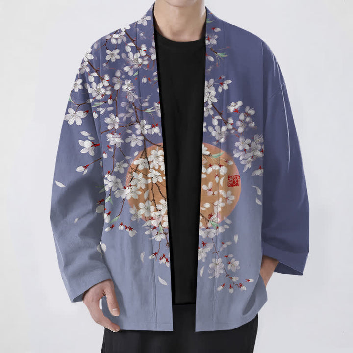 Buddha Stones 綿素材、白桜柄、前開きメンズ着物 - スレートブルー - US/UK/AU48、 EU58 (4XL) - image 6