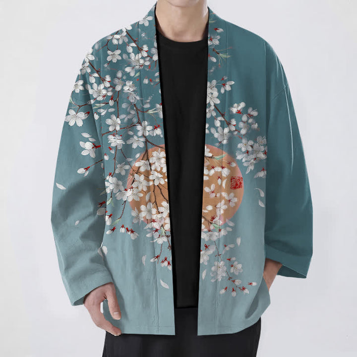 Buddha Stones 綿素材、白桜柄、前開きメンズ着物 - ティール - US/UK/AU48、 EU58 (4XL) - image 9