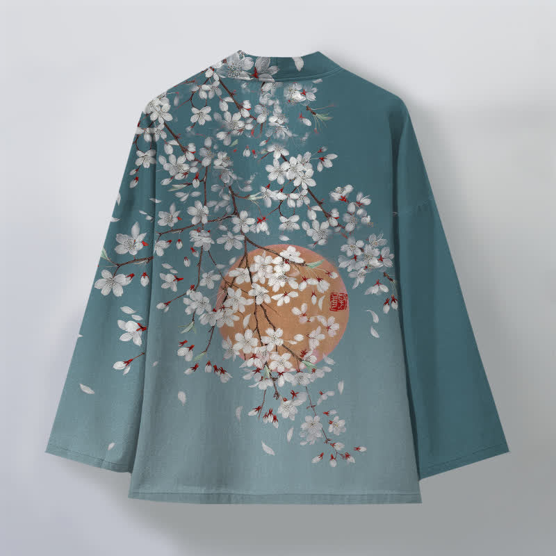 Buddha Stones 綿素材、白桜柄、前開きメンズ着物 - image 11