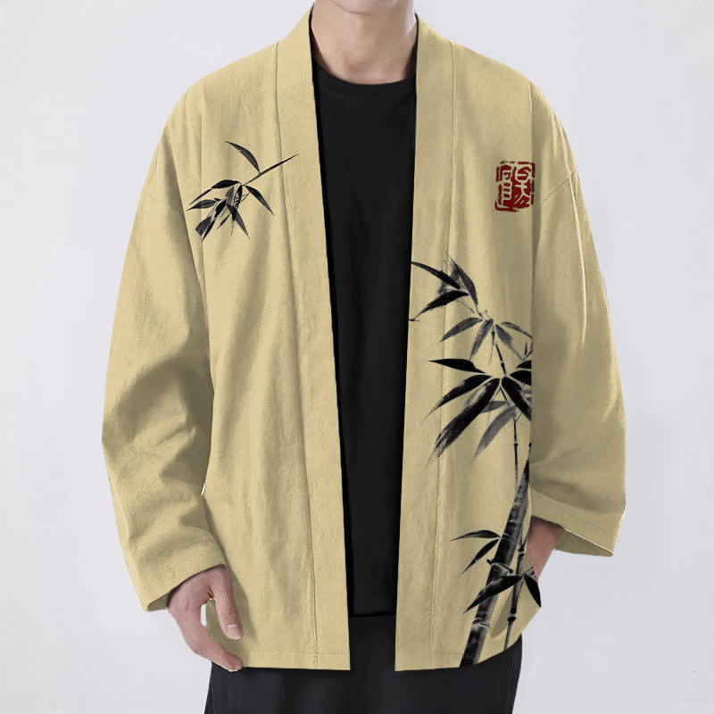 Buddha Stones 綿素材、非対称インク竹柄、前開きメンズ着物 - 小麦 - US/UK/AU48、 EU58 (4XL) - image 0