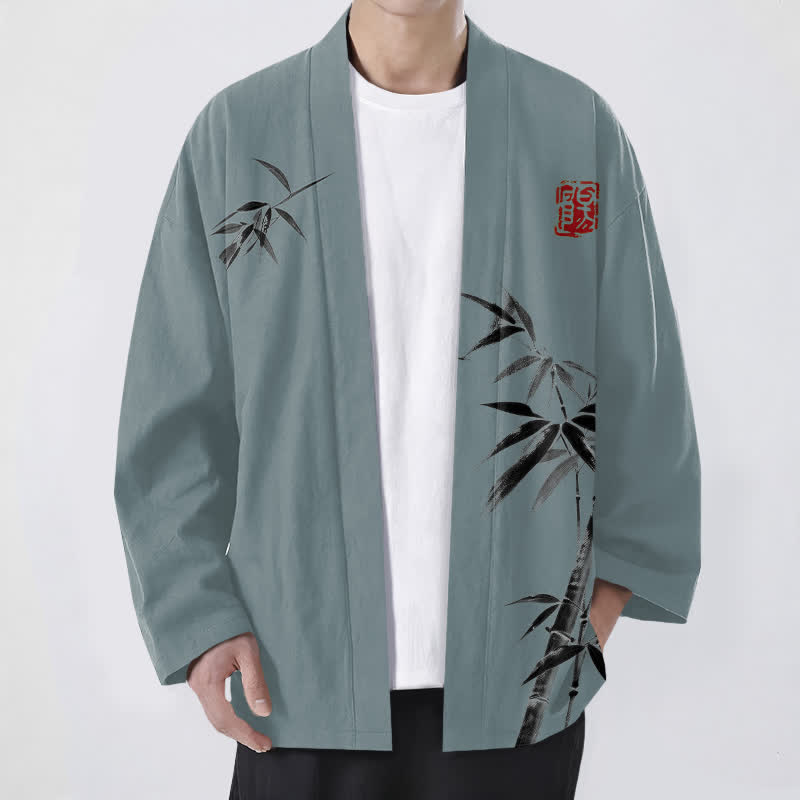 Buddha Stones 綿素材、非対称インク竹柄、前開きメンズ着物 - カデットブルー - US/UK/AU48、 EU58 (4XL) - image 6