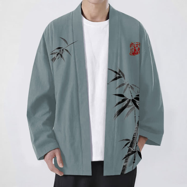 Buddha Stones 綿素材、非対称インク竹柄、前開きメンズ着物 - カデットブルー - US/UK/AU48、 EU58 (4XL) - image 6