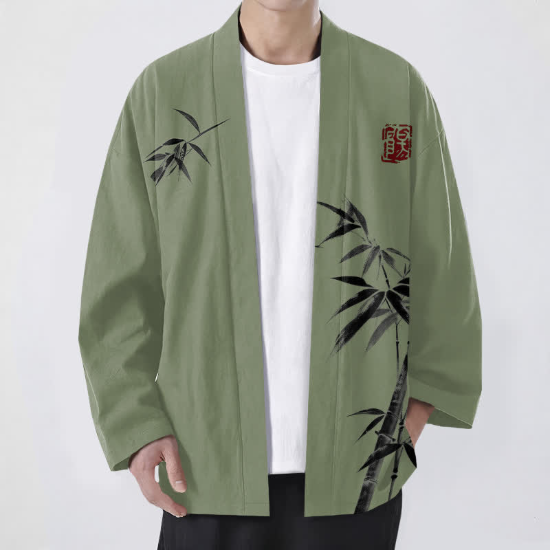Buddha Stones 綿素材、非対称インク竹柄、前開きメンズ着物 - オリーブドラブ - US/UK/AU48、 EU58 (4XL) - image 9