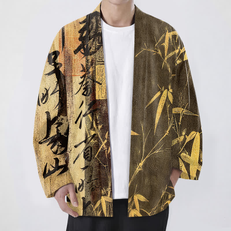 Buddha Stones 綿素材、禅書道、竹柄、前開きメンズ着物 - ゴールデンロッド - US/UK/AU48、 EU58 (4XL) - image 6