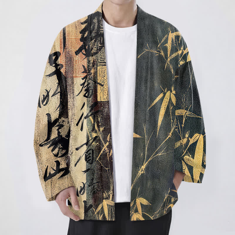 Buddha Stones 綿素材、禅書道、竹柄、前開きメンズ着物 - グレー - US/UK/AU48、 EU58 (4XL) - image 9