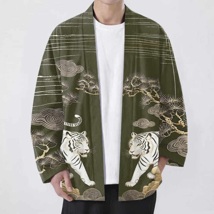 Buddha Stones 綿素材、白虎雲松柄、前開きメンズ着物 - オリーブ - US/UK/AU48、 EU58 (4XL) - image 0