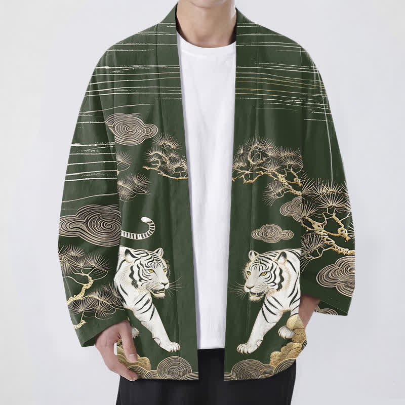 Buddha Stones 綿素材、白虎雲松柄、前開きメンズ着物 - ダークグリーン - US/UK/AU48、 EU58 (4XL) - image 6